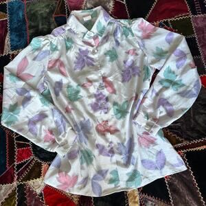 Vintage 70s Lilac Shimmery Pastel Leaves Puff Sleeve Secretary Blouse M